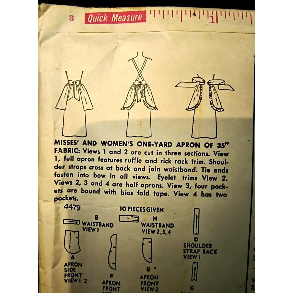 1974.  Simplicity Printed Pattern Aprons 4479 One Size Vintage 1950s
